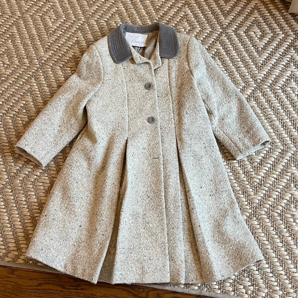 “Isap” Italian designer grey tweed girls coat w/ velvet collar & velvet buttons